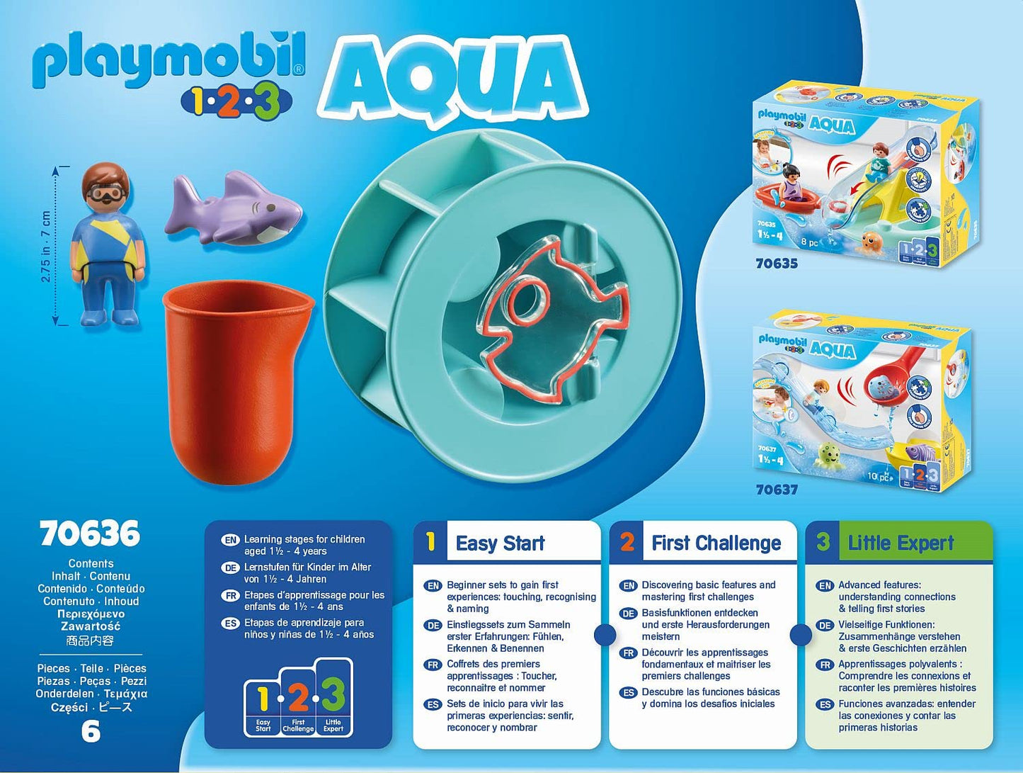 PLAYMOBIL 70636 1.2.3 AQUA Water Wheel with Baby Shark, educational toy, indoor and outdoor water toy, exciting and fun water play, fun imaginative role-play, playset suitable for children ages 1.5+