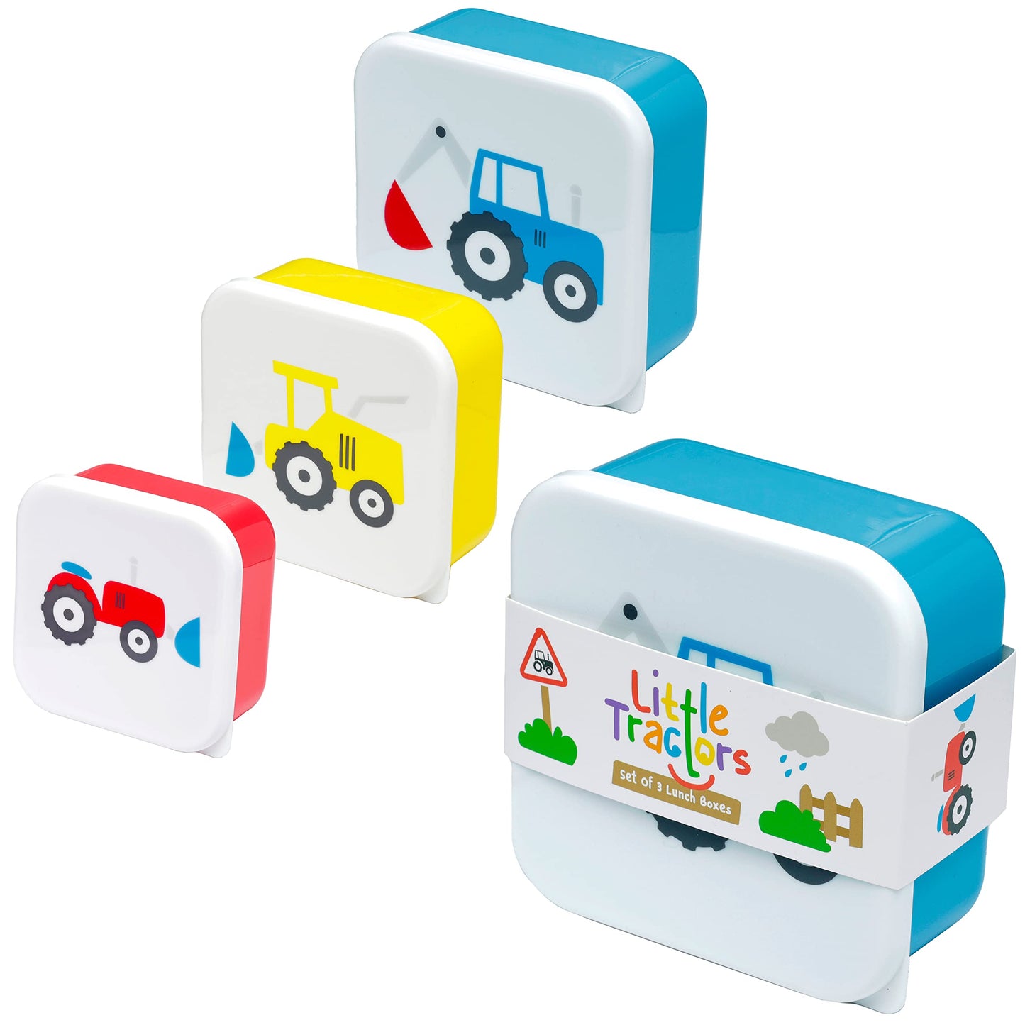 Puckator Little Tractors Set of 3 Lunch Box Snack Pots M/L/XL - Lunchbox with Multi Compartments - Small Food Containers - Lunchbox for Adults and Kids - Girls Boys Lunchbox - Snack Storage