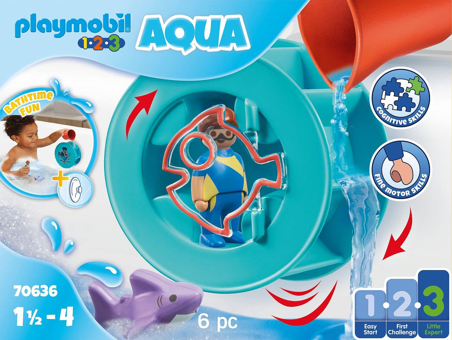 PLAYMOBIL 70636 1.2.3 AQUA Water Wheel with Baby Shark, educational toy, indoor and outdoor water toy, exciting and fun water play, fun imaginative role-play, playset suitable for children ages 1.5+