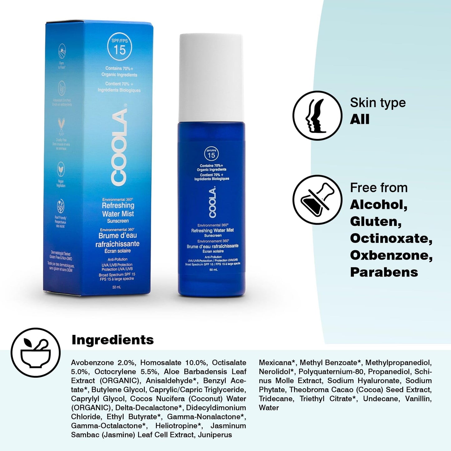 Coola SPF 15 Water Mist Suncreen, 70 Percent + Organic Sunscreen for Daily Use, Refreshing and Alcohol Free, 50 ml