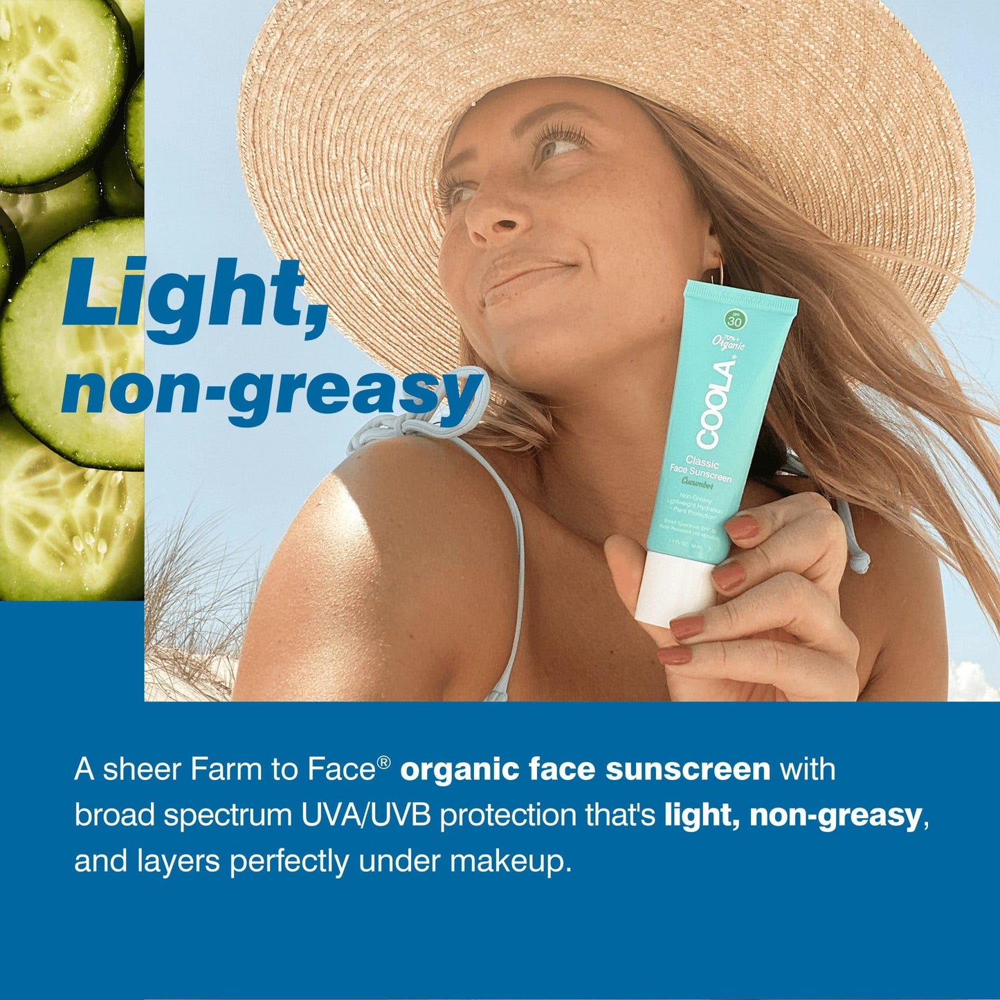 Coola SPF 30 Mineral Face Sun Cream, 70 Percent + Organic Daily SPF Face Moisturiser, Broad Spectrum UVA/UVB Protection Sunscreen, 50 ml