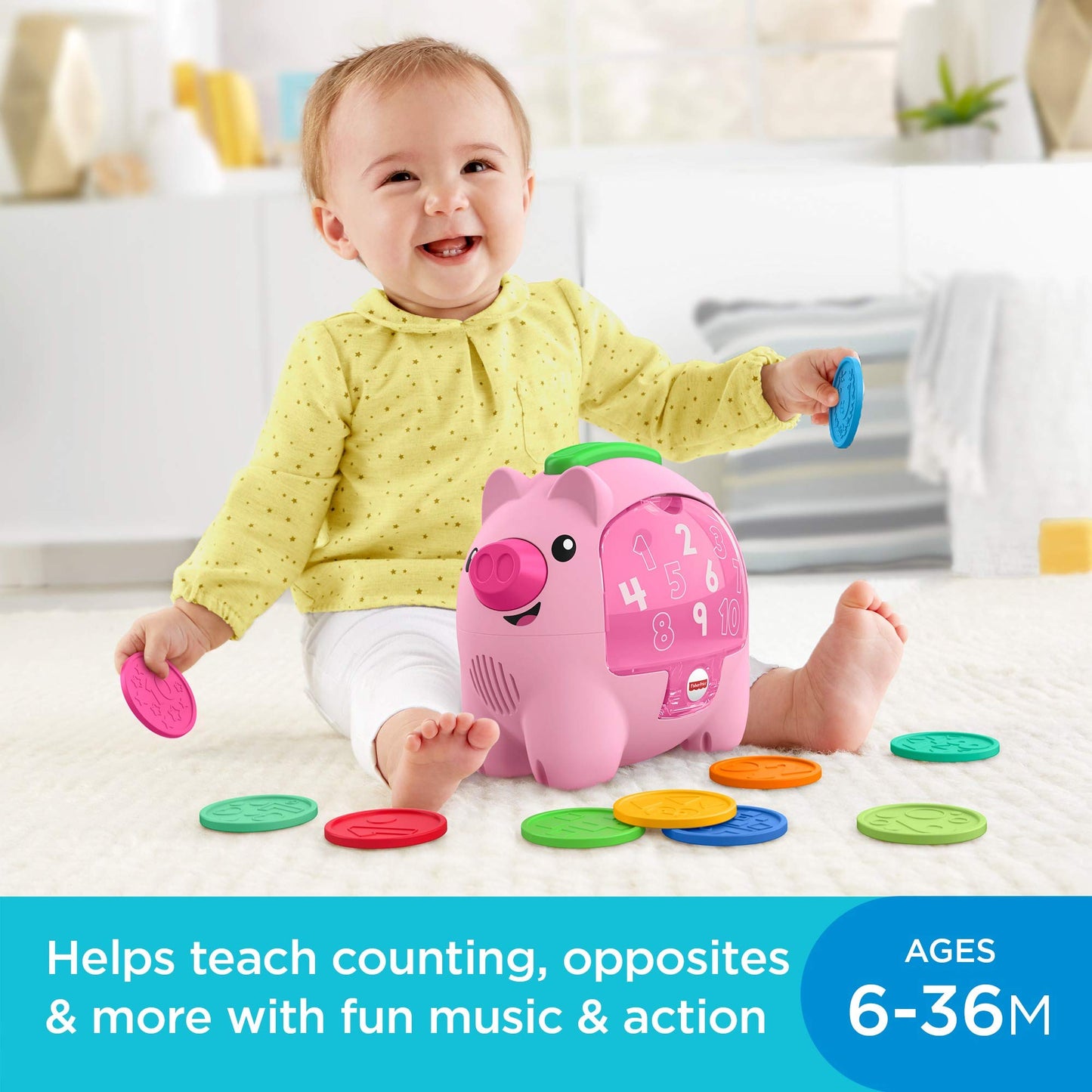 Fisher-Price Laugh & Learn Count & Rumble Piggy Bank, musical baby toy with fun motion action, GJC68