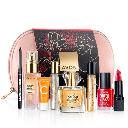 Avon Beauty Gift Set with Radiance Maximising Serum, Renewal Power Serum, Glimmerstick Eyeliner, Far Away EDP, Today EDP, Attraction for Her EDP, Power Stay Gel Nail Enamel and Ultra Matte Lipstick