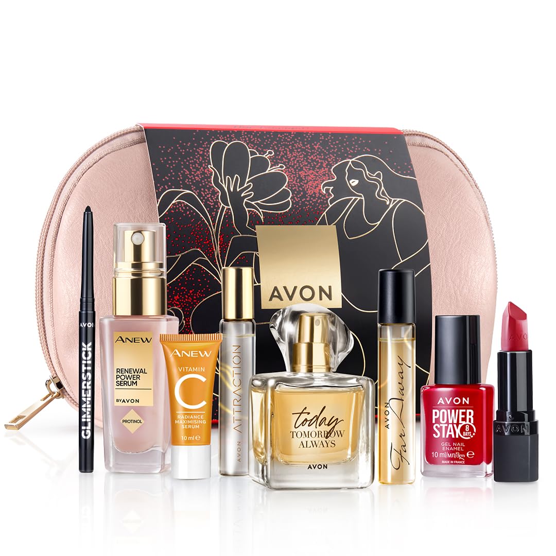 Avon Beauty Gift Set with Radiance Maximising Serum, Renewal Power Serum, Glimmerstick Eyeliner, Far Away EDP, Today EDP, Attraction for Her EDP, Power Stay Gel Nail Enamel and Ultra Matte Lipstick