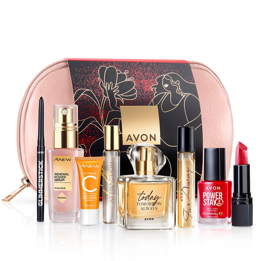 Avon Beauty Gift Set with Radiance Maximising Serum, Renewal Power Serum, Glimmerstick Eyeliner, Far Away EDP, Today EDP, Attraction for Her EDP, Power Stay Gel Nail Enamel and Ultra Matte Lipstick