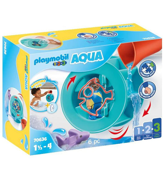 PLAYMOBIL 70636 1.2.3 AQUA Water Wheel with Baby Shark, educational toy, indoor and outdoor water toy, exciting and fun water play, fun imaginative role-play, playset suitable for children ages 1.5+
