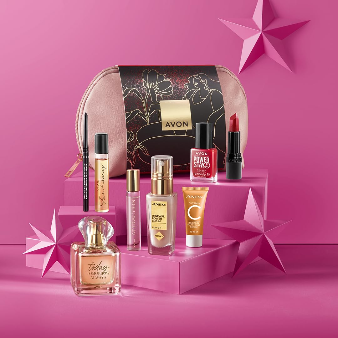 Avon Beauty Gift Set with Radiance Maximising Serum, Renewal Power Serum, Glimmerstick Eyeliner, Far Away EDP, Today EDP, Attraction for Her EDP, Power Stay Gel Nail Enamel and Ultra Matte Lipstick