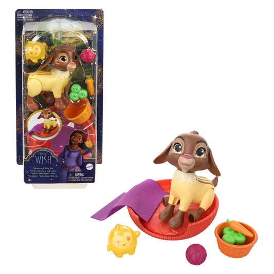 Mattel Disney Wish Set with Valentino & Star Figures & 6 Accessories Like Pet Bed & Blanket, Goat Figure Bends Back Legs, HRC15