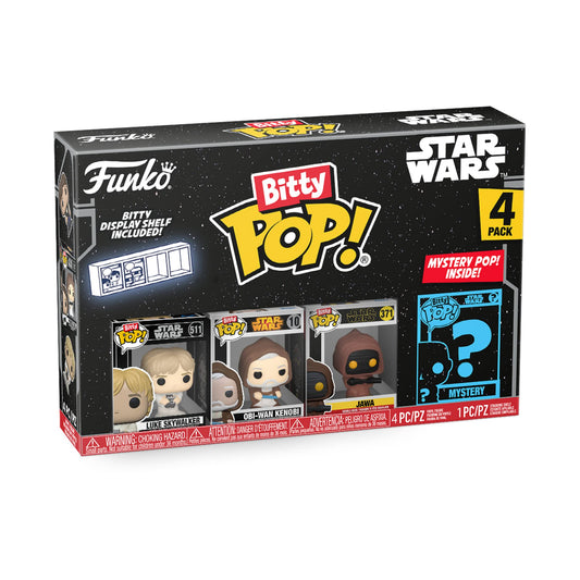Funko Bitty POP! Star Wars - Luke Skywalker?, Obi-Wan Kenobi?, Jawa? and A Surprise Mystery Mini Figure - 0.9 Inch (2.2 Cm) Collectable - Stackable Display Shelf Included - Gift Idea - Cake Topper