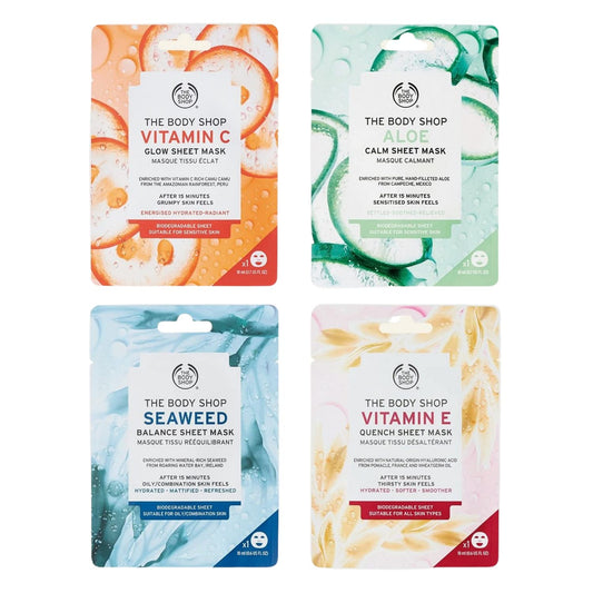 The Body Shop Vitamin C Glow Sheet Mask, Aloe Calm Mask, Seaweed Mask and Vitamin E Mask. Pack of 4 in total, 1 of each item. 18ml