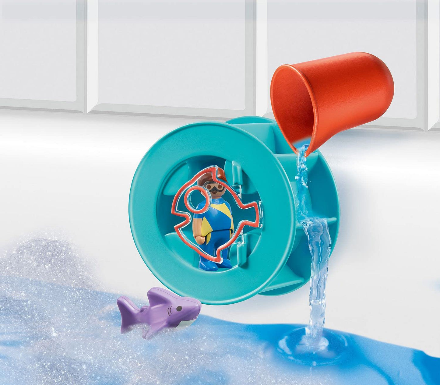 PLAYMOBIL 70636 1.2.3 AQUA Water Wheel with Baby Shark, educational toy, indoor and outdoor water toy, exciting and fun water play, fun imaginative role-play, playset suitable for children ages 1.5+