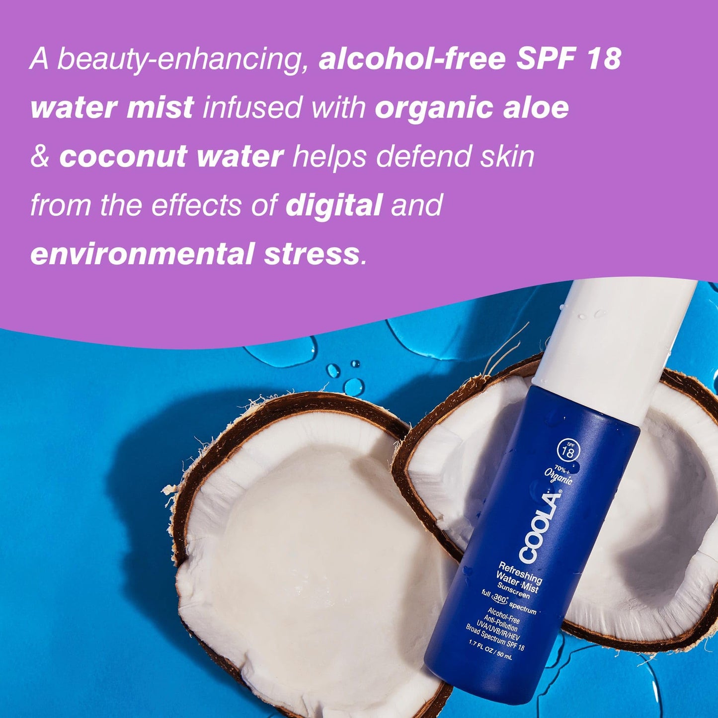 Coola SPF 15 Water Mist Suncreen, 70 Percent + Organic Sunscreen for Daily Use, Refreshing and Alcohol Free, 50 ml
