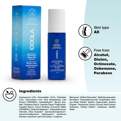 Coola SPF 15 Water Mist Suncreen, 70 Percent + Organic Sunscreen for Daily Use, Refreshing and Alcohol Free, 50 ml