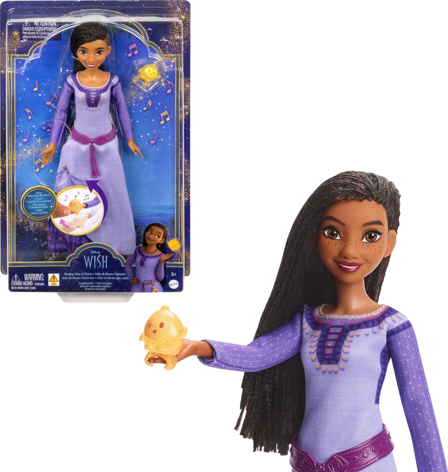 Mattel Disney's Wish Singing Asha of Rosas Fashion Doll & Star Figure, Posable with Removable Outfit, Sings ?This Wish? in English, HPX26
