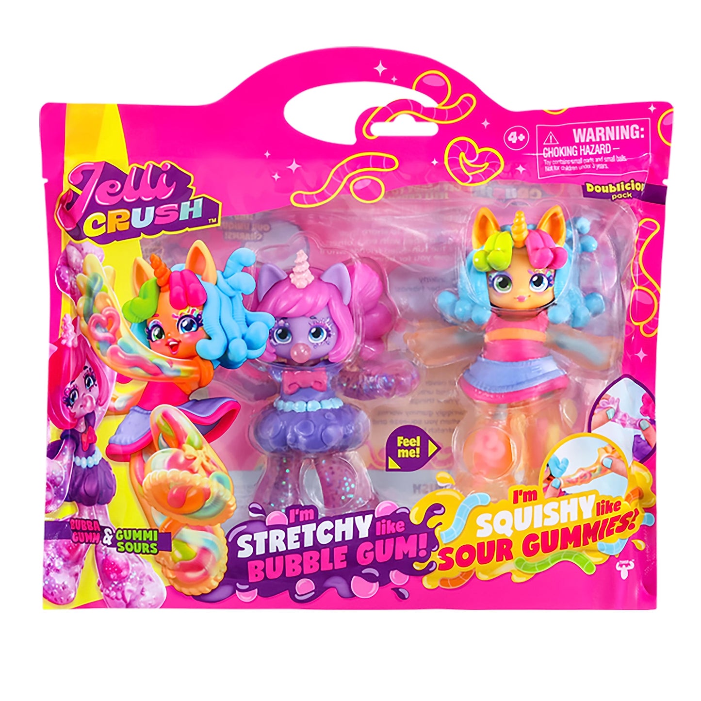 Jelli Crush 18508 Doublicious 2 Pack, Bubba Gumm and Gummi Sours, Squishy, Smooshy, Stretchy Candy Unicorn Themed Dolls with Unique Charms Inside, Medium