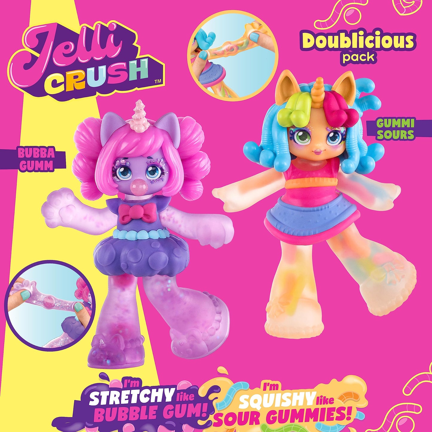 Jelli Crush 18508 Doublicious 2 Pack, Bubba Gumm and Gummi Sours, Squishy, Smooshy, Stretchy Candy Unicorn Themed Dolls with Unique Charms Inside, Medium