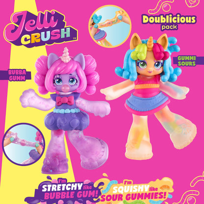 Jelli Crush 18508 Doublicious 2 Pack, Bubba Gumm and Gummi Sours, Squishy, Smooshy, Stretchy Candy Unicorn Themed Dolls with Unique Charms Inside, Medium